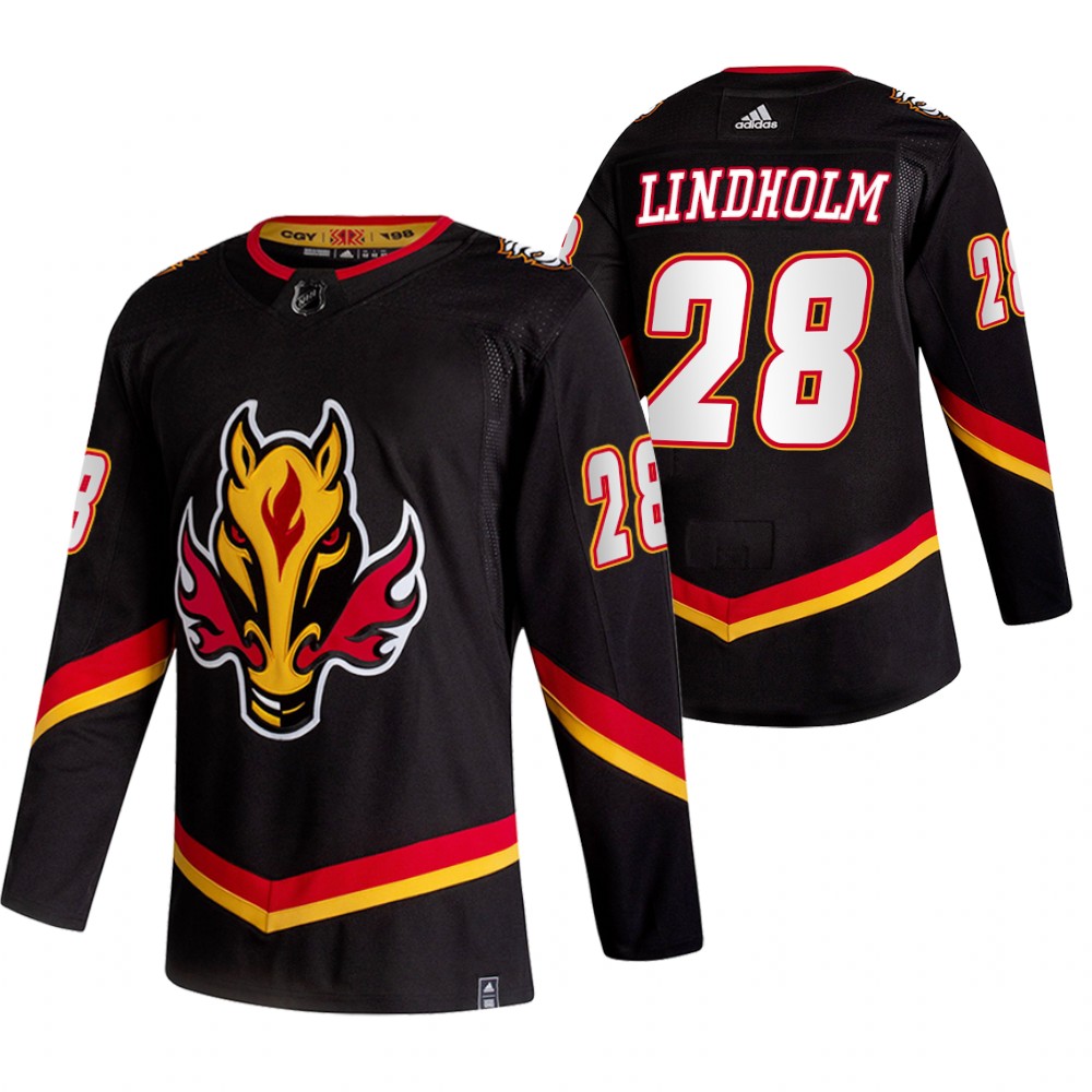 2021 Adidias Calgary Flames #28 Elias Lindholm Black Men Reverse Retro Alternate NHL Jersey